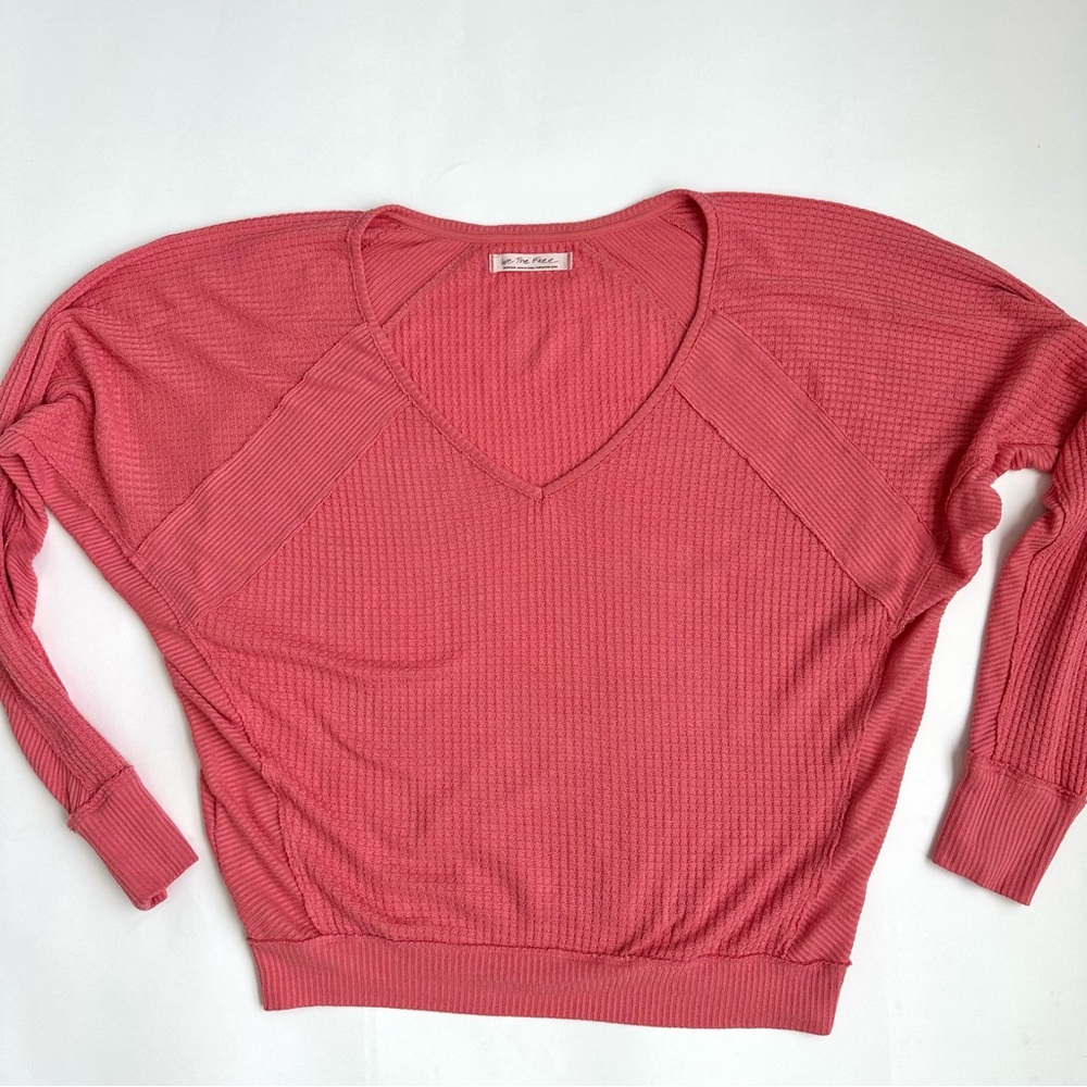 We The Free Free People Santa Clara Pink V-Neck Oversized Thermal Waffle Knit M